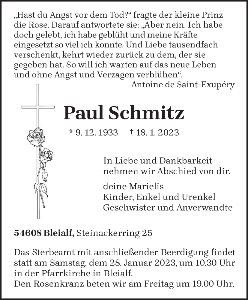  Traueranzeige für Paul Schmitz vom 23.01.2023 aus trierischer_volksfreund