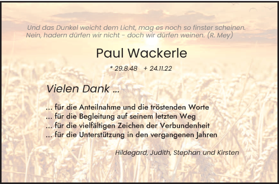 Traueranzeige von Paul Wackerle von trierischer_volksfreund