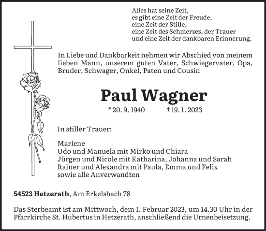 Traueranzeige von Paul Wagner von trierischer_volksfreund