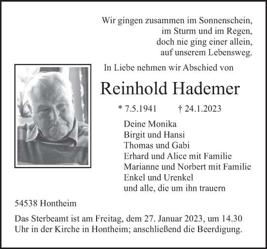 Todesanzeige von Reinhold Hademer von trierischer_volksfreund