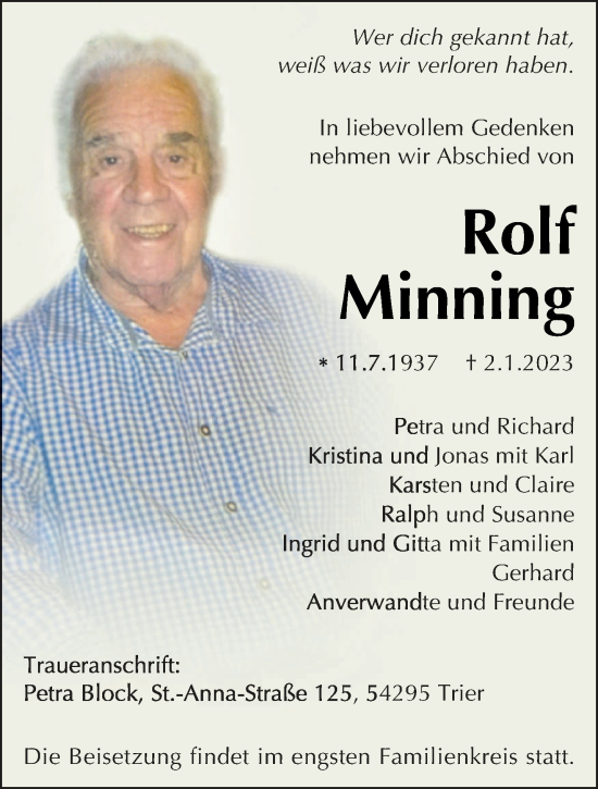 Traueranzeige von Rolf Minning von trierischer_volksfreund