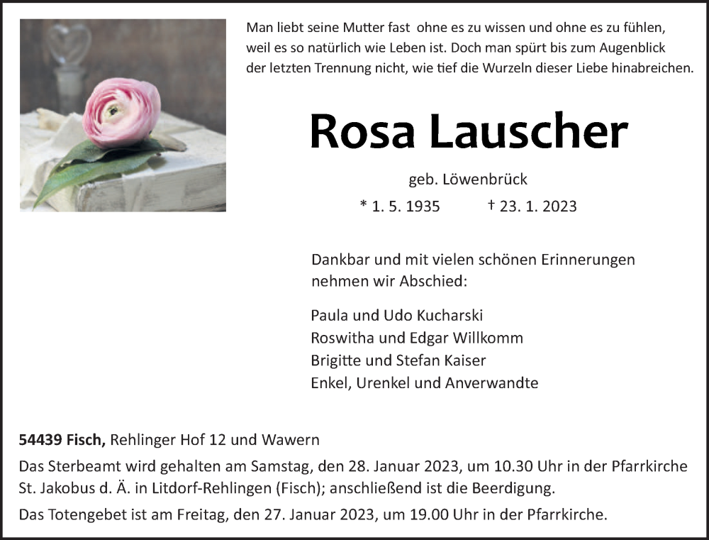  Traueranzeige für Rosa Lauscher vom 25.01.2023 aus trierischer_volksfreund