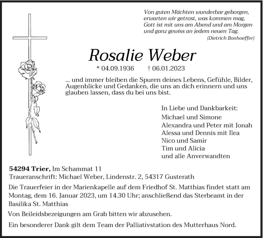  Traueranzeige für Rosalie Weber vom 12.01.2023 aus trierischer_volksfreund