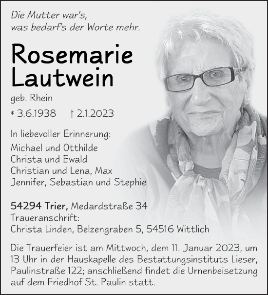Traueranzeige von Rosemarie Lautwein von trierischer_volksfreund