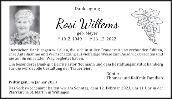 Traueranzeige von Rosi Willems von trierischer_volksfreund