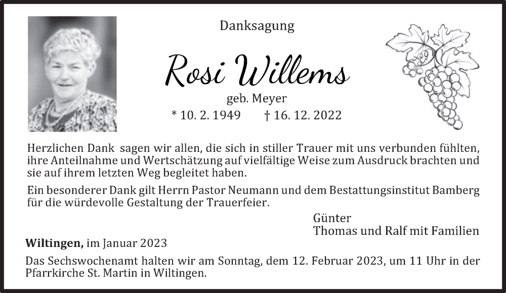  Traueranzeige für Rosi Willems vom 17.01.2023 aus trierischer_volksfreund