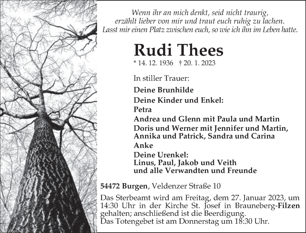  Traueranzeige für Rudi Thees vom 25.01.2023 aus trierischer_volksfreund
