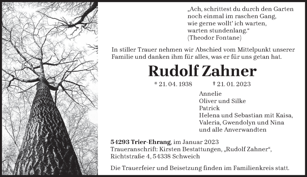  Traueranzeige für Rudolf Zahner vom 28.01.2023 aus trierischer_volksfreund