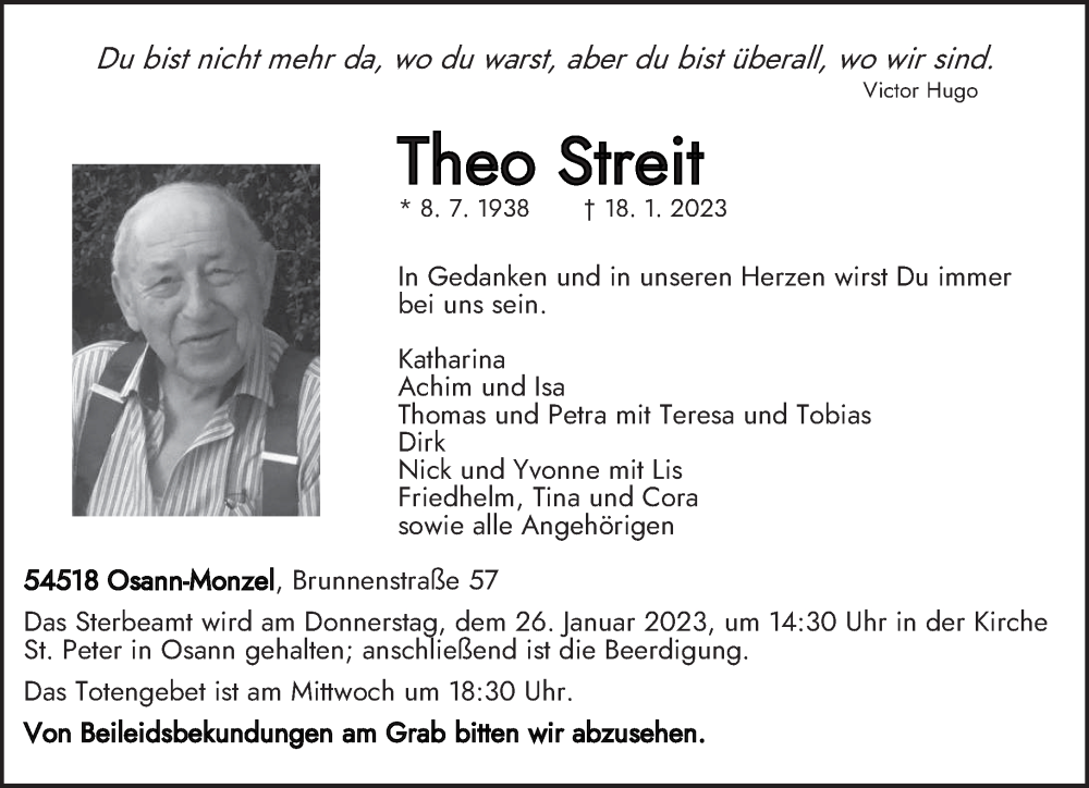  Traueranzeige für Theo Streit vom 21.01.2023 aus trierischer_volksfreund