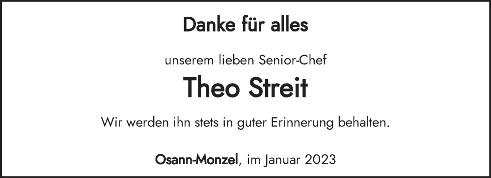  Traueranzeige für Theo Streit vom 21.01.2023 aus trierischer_volksfreund