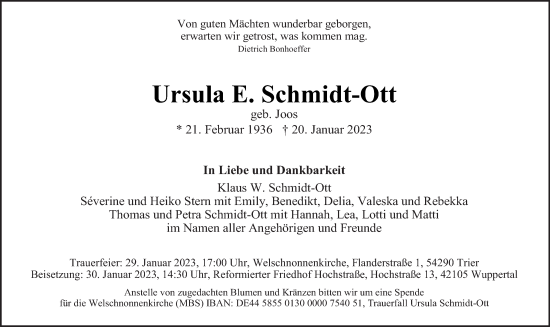 Traueranzeige von Ursula E. Schmidt-Ott von trierischer_volksfreund