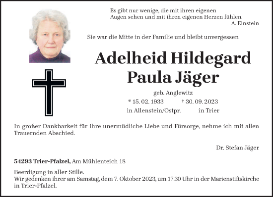 Traueranzeige von Adelheid Hildegard Paula Jäger von trierischer_volksfreund
