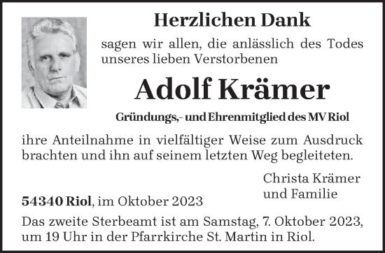 Traueranzeige von Adolf Krämer von trierischer_volksfreund