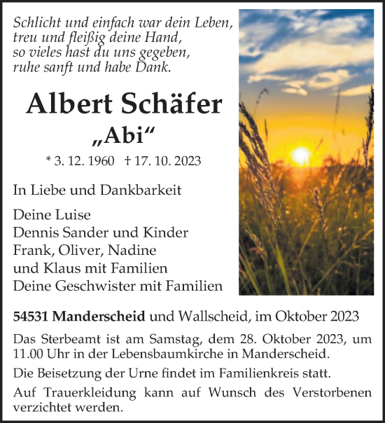 Traueranzeige von Albert Schäfer von trierischer_volksfreund