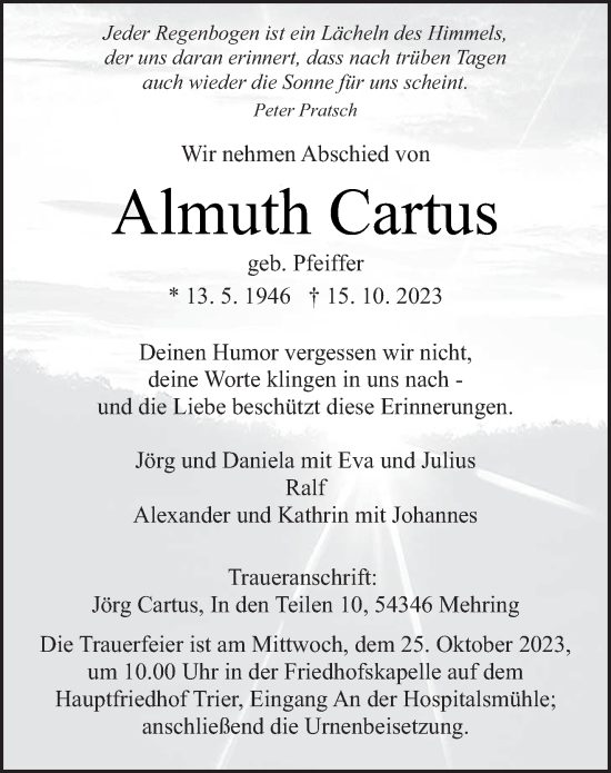 Traueranzeige von Almuth Cartus von trierischer_volksfreund