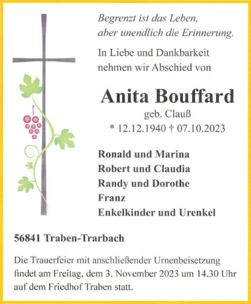  Traueranzeige für Anita Bouffard vom 28.10.2023 aus trierischer_volksfreund
