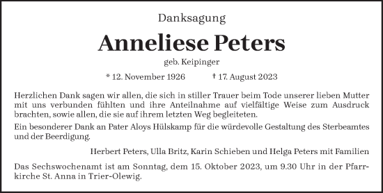 Traueranzeige von Anneliese Peters von trierischer_volksfreund