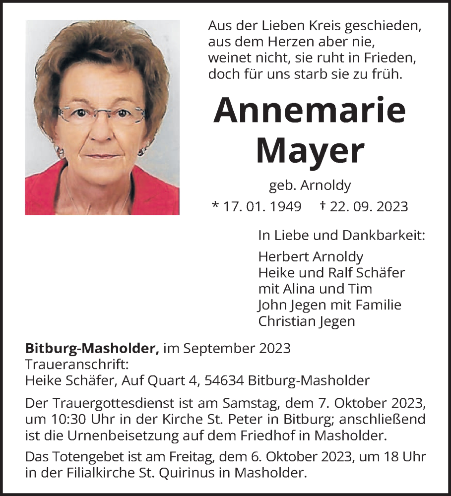  Traueranzeige für Annemarie Mayer vom 30.09.2023 aus trierischer_volksfreund