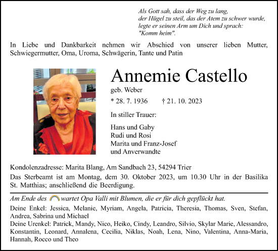 Traueranzeige von Annemie Castello von trierischer_volksfreund