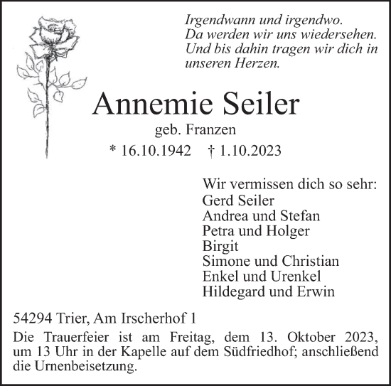Traueranzeige von Annemie Seiler von trierischer_volksfreund