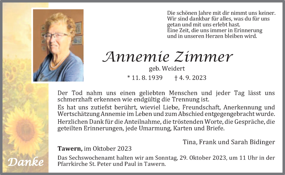  Traueranzeige für Annemie Zimmer vom 25.10.2023 aus trierischer_volksfreund
