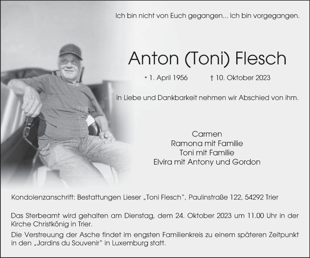  Traueranzeige für Anton Flesch vom 21.10.2023 aus trierischer_volksfreund