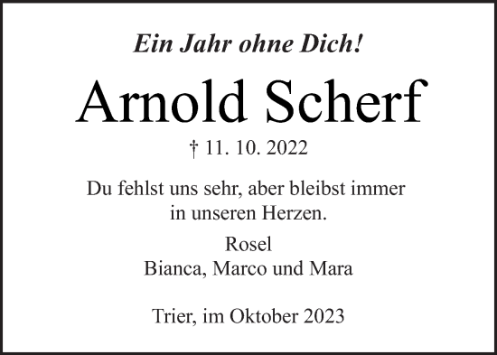 Traueranzeige von Arnold Scherf von trierischer_volksfreund