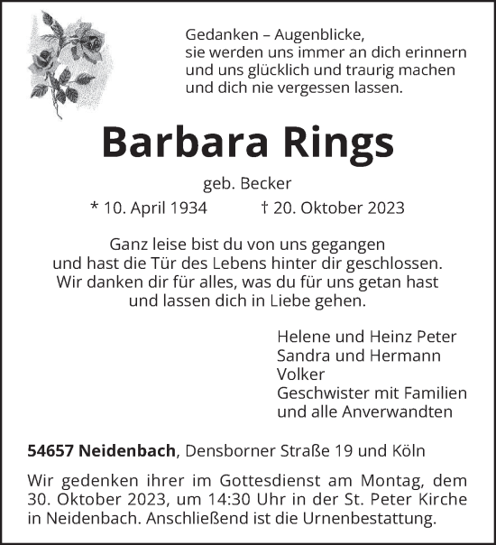 Traueranzeige von Barbara Rings von trierischer_volksfreund