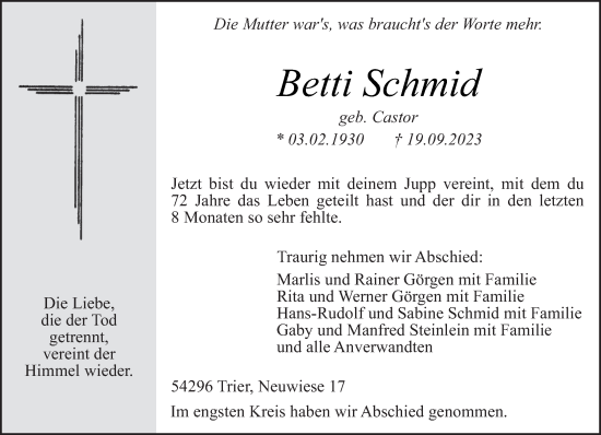 Traueranzeige von Betti Schmid von trierischer_volksfreund