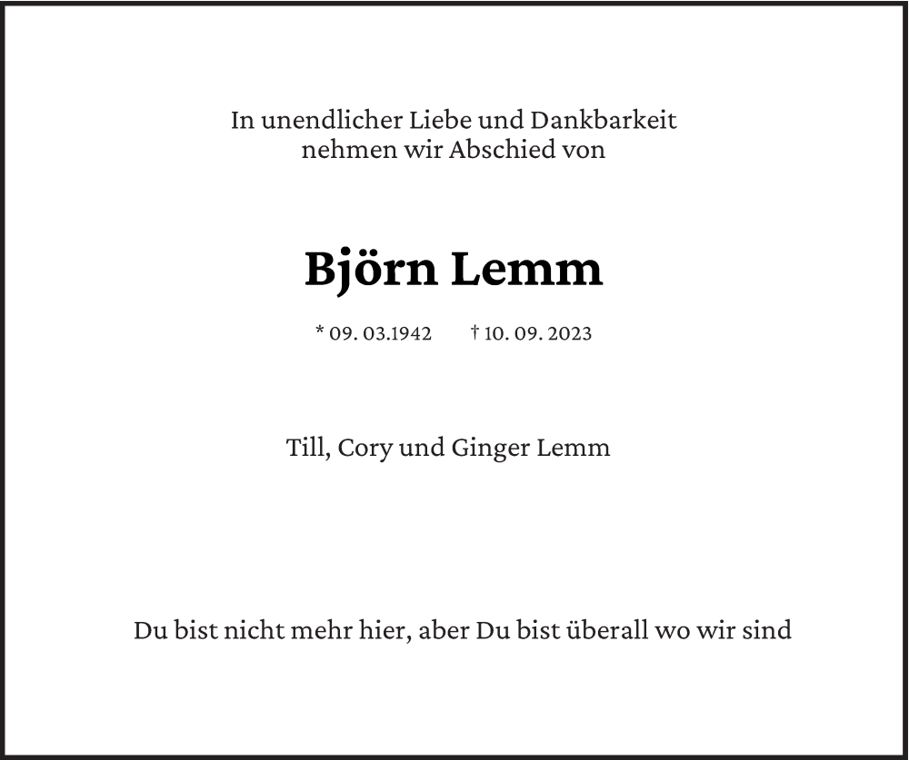  Traueranzeige für Björn Lemm vom 30.09.2023 aus trierischer_volksfreund