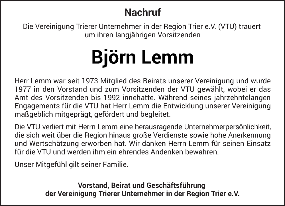  Traueranzeige für Björn Lemm vom 07.10.2023 aus trierischer_volksfreund