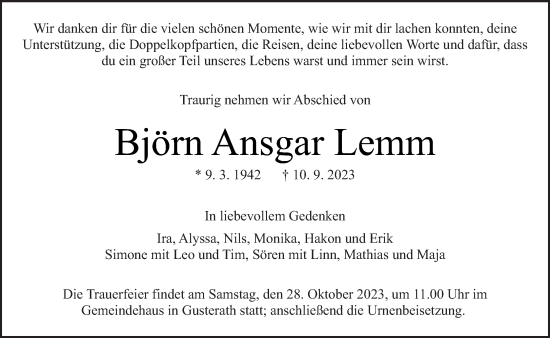 Traueranzeige von Björn Lemm von trierischer_volksfreund