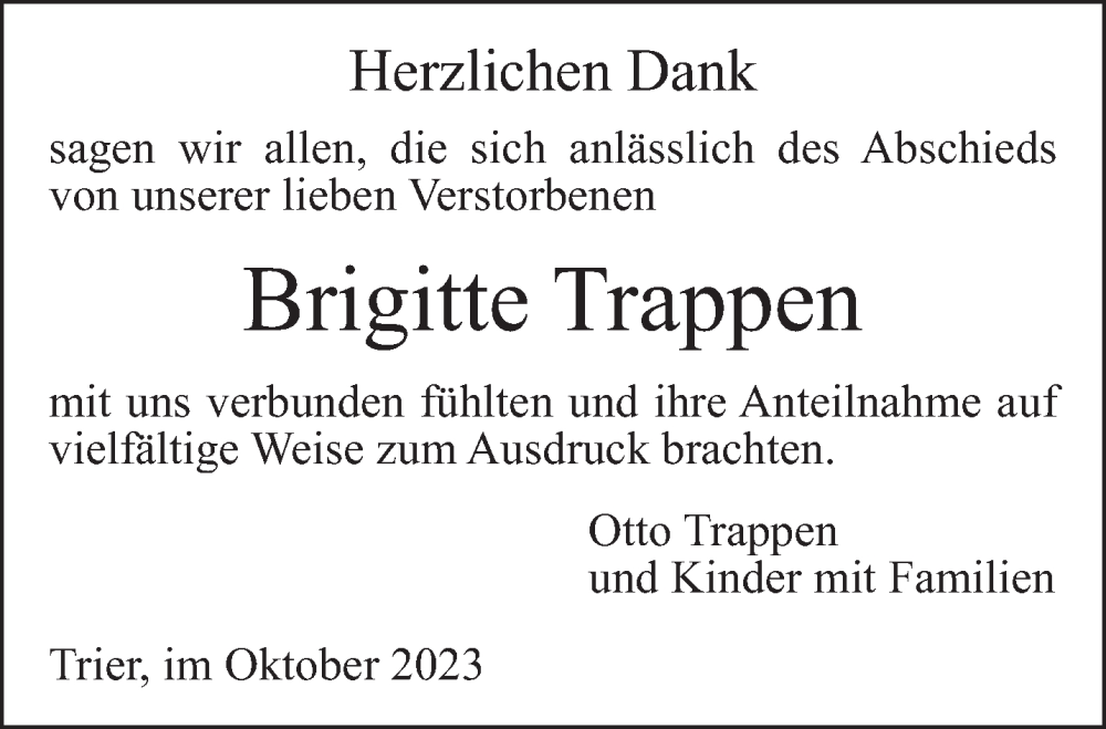  Traueranzeige für Brigitte Trappen vom 14.10.2023 aus trierischer_volksfreund