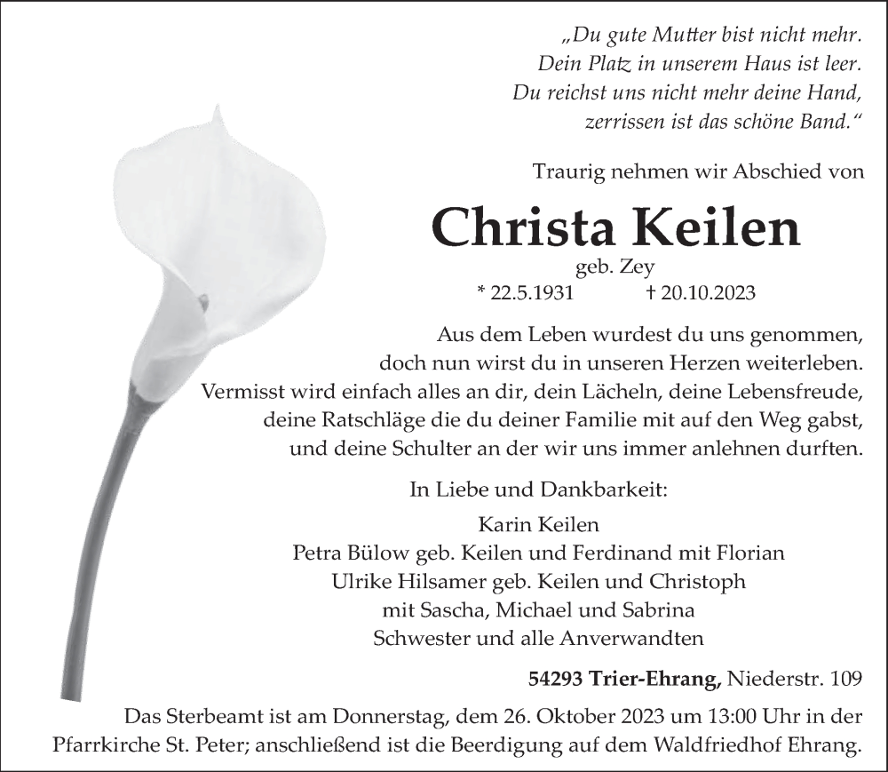  Traueranzeige für Christa Keilen vom 24.10.2023 aus trierischer_volksfreund