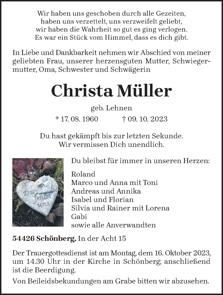  Traueranzeige für Christa Müller vom 12.10.2023 aus trierischer_volksfreund