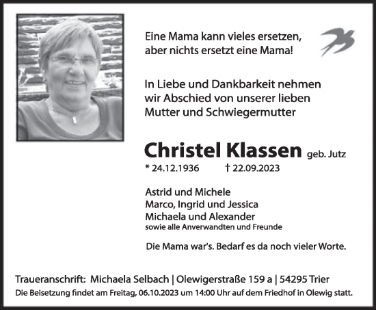 Traueranzeige von Christel Klassen von trierischer_volksfreund