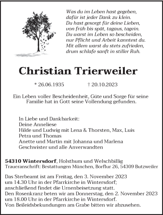 Traueranzeige von Christian Trierweiler von trierischer_volksfreund