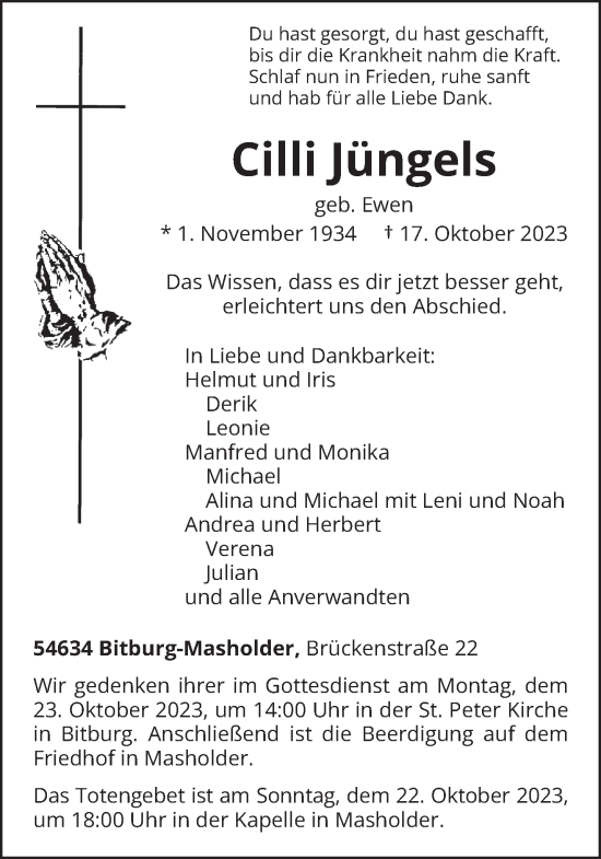 Traueranzeige von Cilli jüngels von trierischer_volksfreund