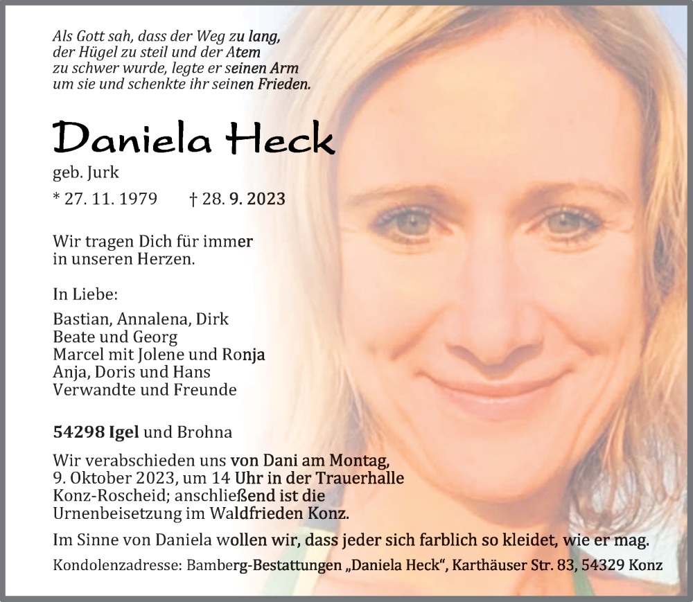  Traueranzeige für Daniela Heck vom 07.10.2023 aus trierischer_volksfreund