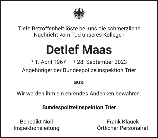 Traueranzeige von Detlef Maas von trierischer_volksfreund