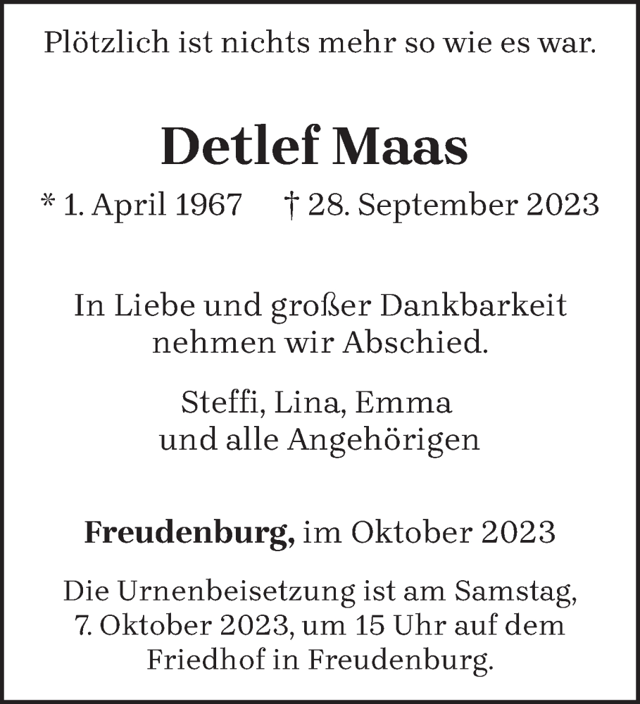  Traueranzeige für Detlef Maas vom 05.10.2023 aus trierischer_volksfreund