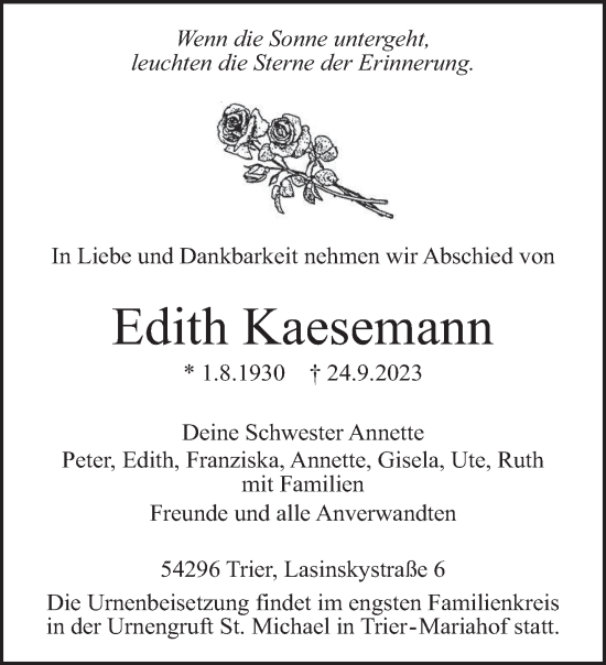 Traueranzeige von Edith Kaesemann von trierischer_volksfreund