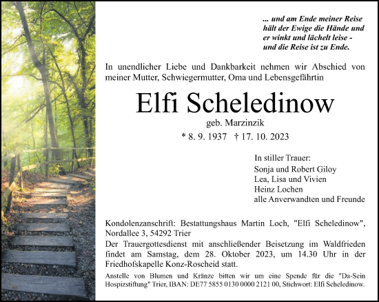 Traueranzeige von Elfi Scheledinow von trierischer_volksfreund