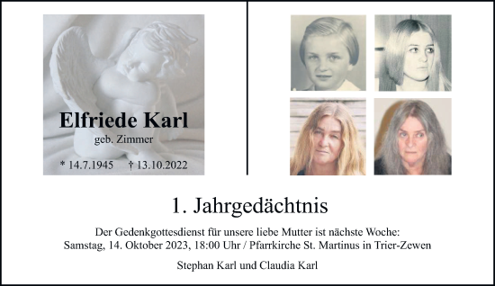 Traueranzeige von Elfriede Karl von trierischer_volksfreund