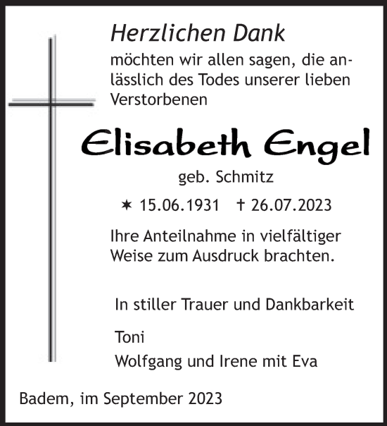 Traueranzeige von Elisabeth Engel von trierischer_volksfreund