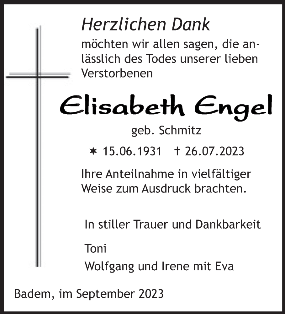 Traueranzeige für Elisabeth Engel vom 30.09.2023 aus trierischer_volksfreund