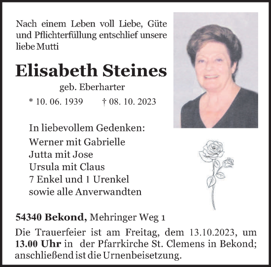 Traueranzeige von Elisabeth Steines von trierischer_volksfreund