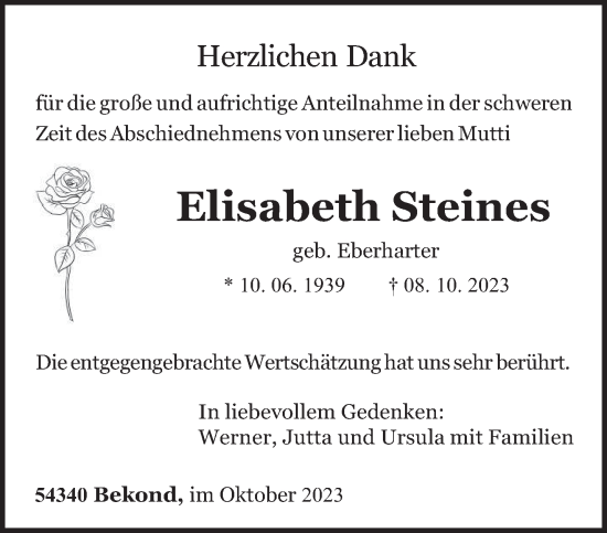 Traueranzeige von Elisabeth Steines von trierischer_volksfreund