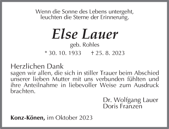 Traueranzeige von Else Lauer von trierischer_volksfreund