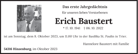 Traueranzeige von Erich Baustert von trierischer_volksfreund